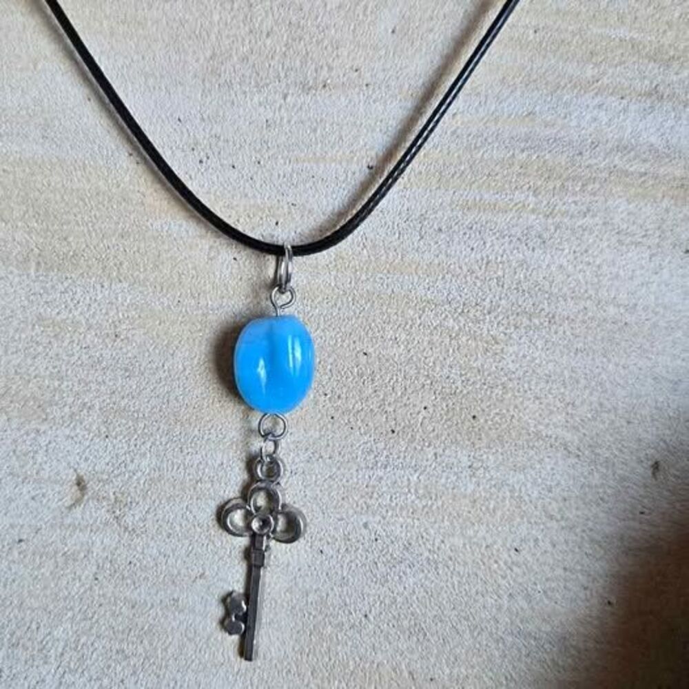 Handmade Blue Key Necklace | Silver Tone Skeleton Key Charm